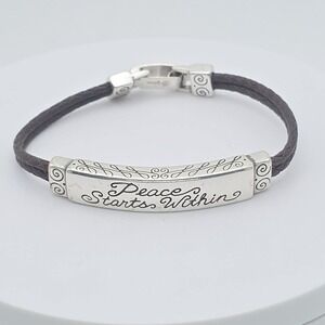 BRIGHTON Id Bracelet 'Peace Starts Within' Scroll 2 Brown Braided Cords‎ 7.25"